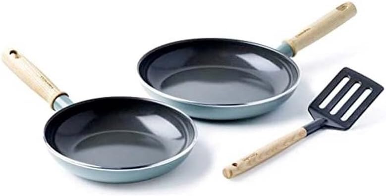 GreenPan Mayflower Healthy Ceramic Non-Stick 3-Piece Frying Pan Skillet Set 20 cm & 24 cm, Including Slotted turner, Vintage Wood Handle, PFAS-Free, Induction, Smoky Blue