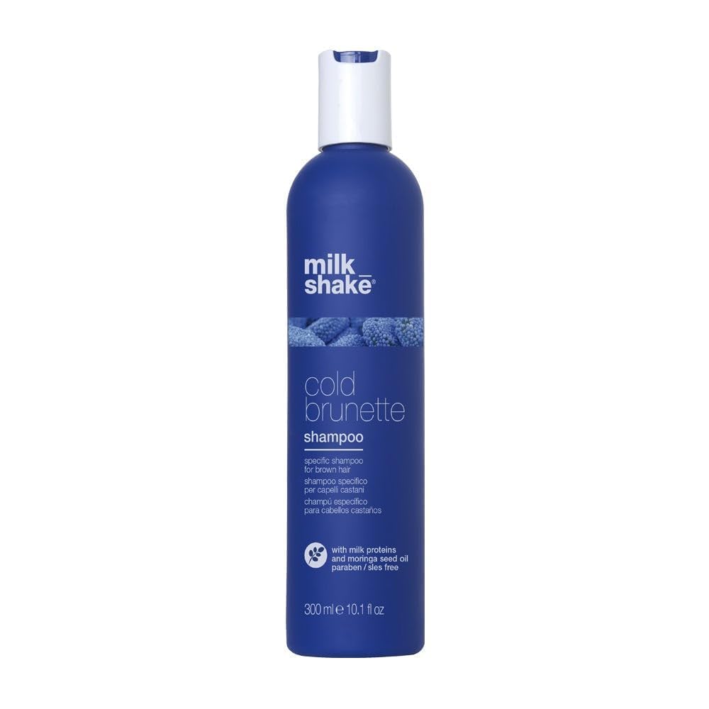 milk_shake cold brunette shampoo | toning shampoo with blue pigment to neutralize orange and red in brunette hair | strengthens, boosts shine, and extends color | SLS/SLES-free
