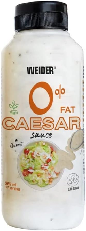 Weider Gourmet 0% Fat Caesar Sauce (265 ml). New Recipe Caesar Dressing Sauce 0% Fat, 0% Sugar, 100% Flavour. Low Calorie. Vegan.