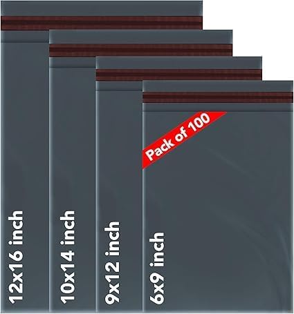 Smooth Papers 100 Pcs Grey Plastic Mailer Bags – Self-Seal, Tear-Proof, Lightweight Shipping Envelopes – Postal Packaging Bags (6x9, 9x12, 10x14, 12x16 Inches) – 4 Size Multipack