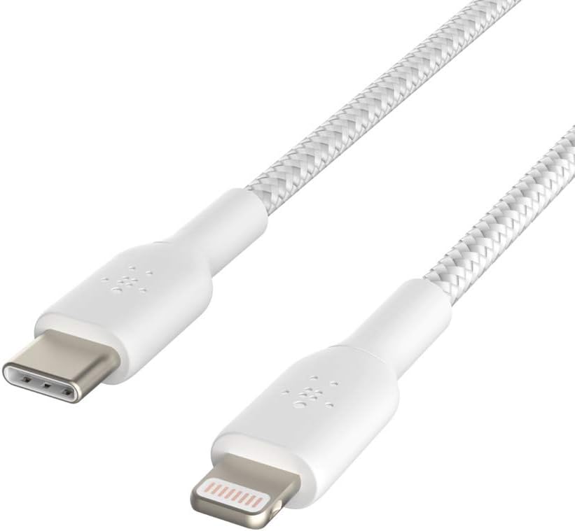 Belkin Braided USB-C to Lightning Cable (iPhone Fast Charging Cable for iPhone 14, 13, 12 or earlier) Boost Charge MFi-Certified iPhone USB-C Cable (2m, White)