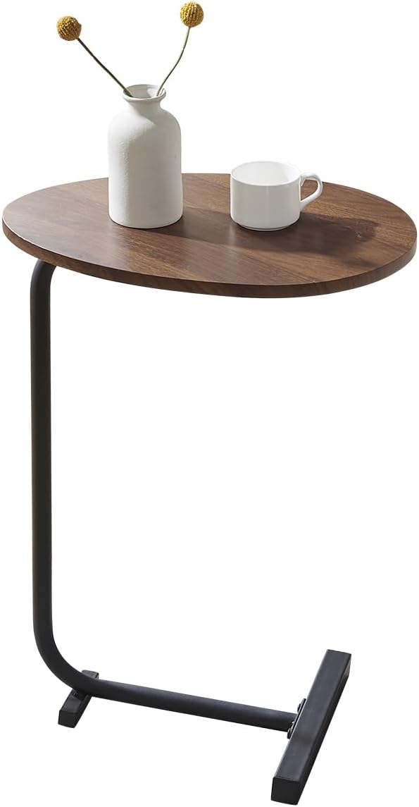 NICEME C-Shaped Sofa Side End Table for Living Room, Metal Base, Wood Tabletop (Oval, Brown Walnut)