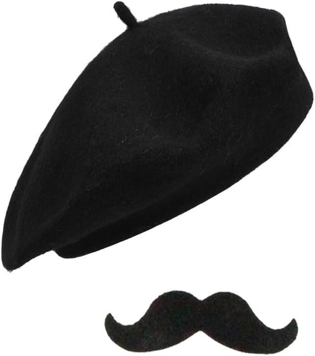 Frenchman Beret with Mustache Set for Women Men Halloween Mime Costume Cosplay French Style Beanie Caps