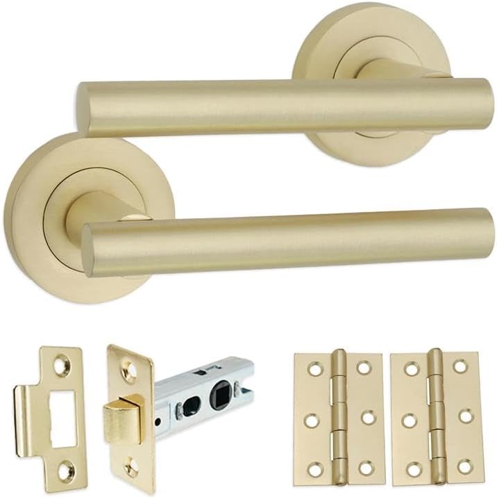 Infinity Decor Pair of Straight T-Bar Door Pull Handle on Sprung Rose with Tubular Latch and Butt Hinges in Satin Brass – Lever Latch Internal Pack - Ideal for Interior and Exterior Use