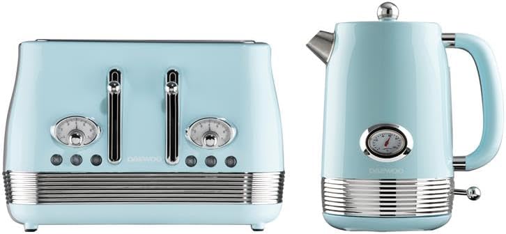 Daewoo Denver Breakfast Set – Sky Blue, Retro 1.5L Rapid Boil Kettle & 4 Slice Wide Slot Toaster, Temperature Gauge, Defrost, Reheat, Cancel Functions, Ideal for Stylish Kitchens