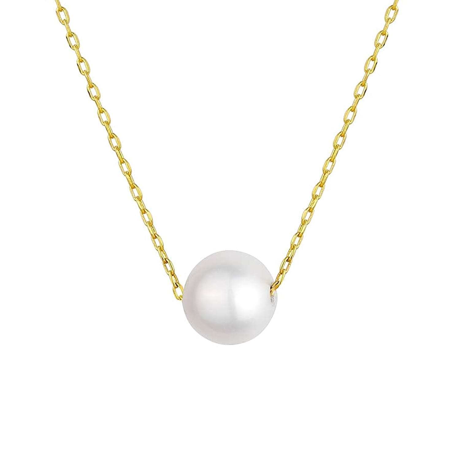 Gold Single Pearl 14k 18k Gold Chain Necklace, Floating Pearl Necklace, 9 MM Simple Freshwater Pearl Gold Necklace is a Great Gift for Women June Birthstone.