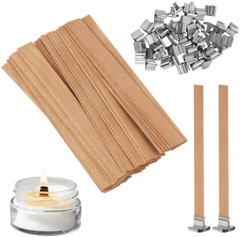 AMFUN 50 Set 13cm Wood Wicks for Making Candles Kit, 5" Trimable Natural Wooden Candle Wick with 50 Iron Stand,Natural Smokeless Wood Candle Wicks For bedroom, DIY Candle Making Craft