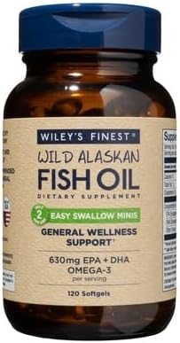 Wiley's Finest Wild Alaskan Fish Oil Easy Swallow Minis - Omega-3 Fish Oil Supplement for Adults and Kids - Double-Strength 630mg EPA and DHA Natural Supplement - 120 Mini Softgels (60 Servings)