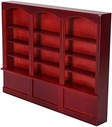 1:12 Doll House Miniature Accessories, Wooden Bookshelf Display Cabinet Triple Bookcase Furniture Toy Decoration for Doll House(Red Brown)