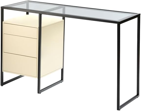 MY Furniture Elvi Desk/Modern Glass Desk – Minimalist Cream Design with Black Metal Frame & 3-Drawer Storage Unit – Contemporary Office, Study, or Workspace Furniture – Sleek & Functional Home D?cor