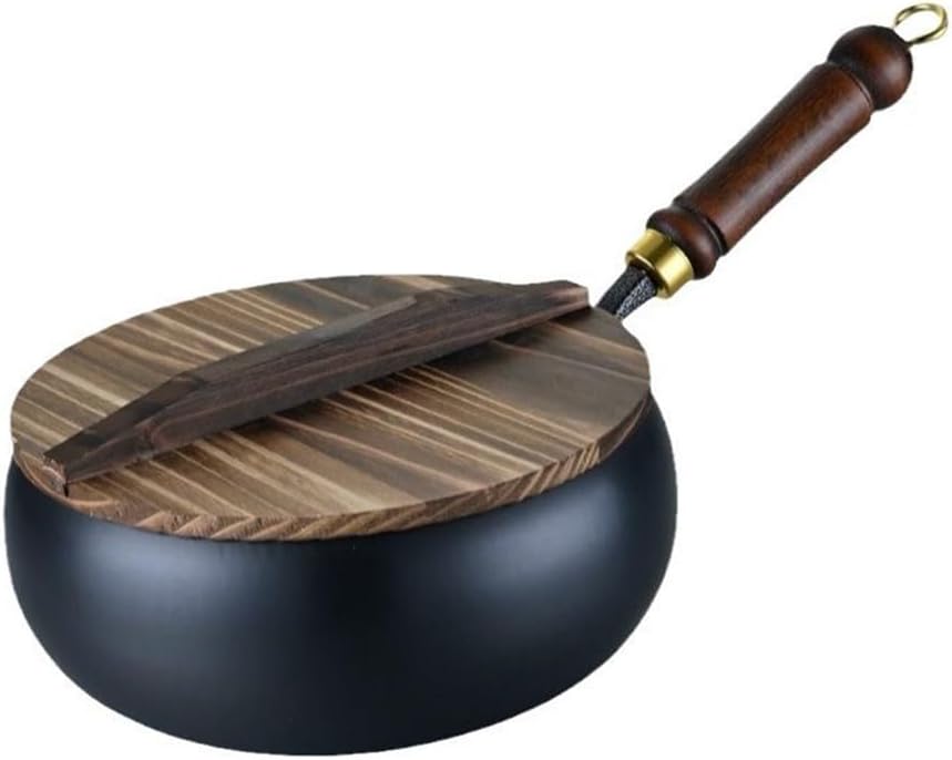 Zeroupshop Hand Forged Iron Cooking Pan Traditional Big Belly Wok Uncoated Metal Frying Pan Kitchen Cookware For Home Kitchen Cooking(28cm pot+wooden lid)