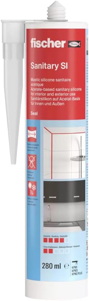 fischer 58516 Bath & Sanitary Silicone Sealant, Bathroom, Sink & Shower, White, 280ml