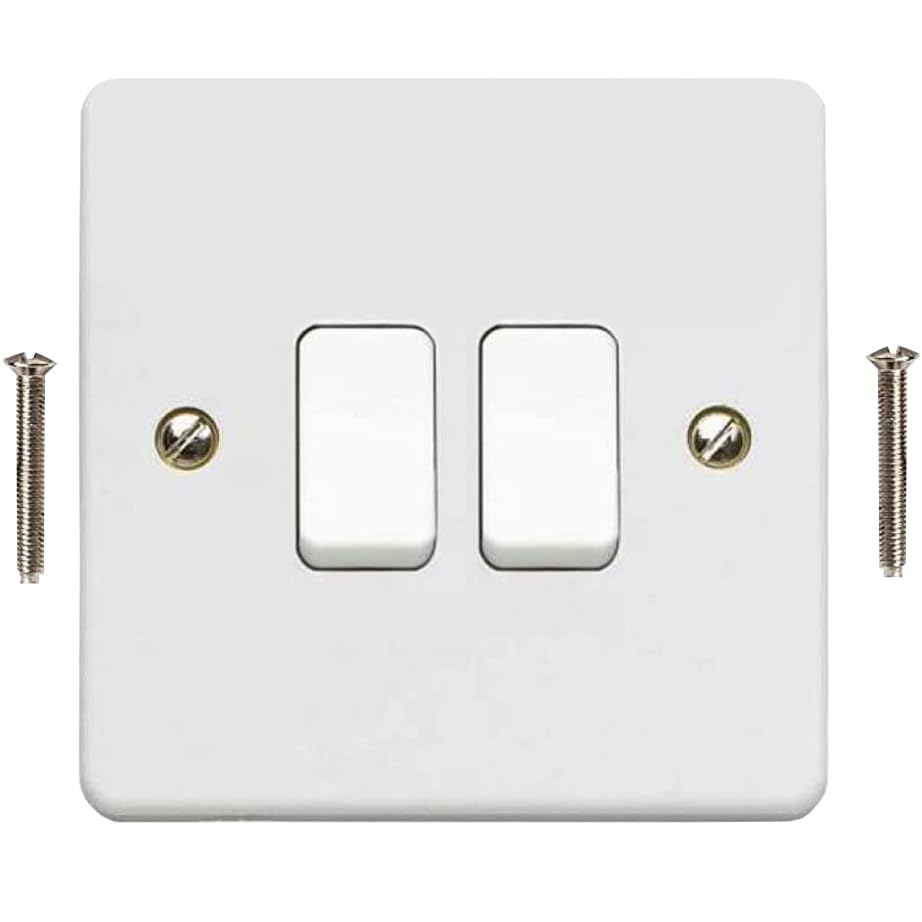 Body-Plus 2 Gang 2 Way Light Switch - White Electric Curved Edge Light Switches with Screws - 250 V A.C, 10AX Double Wall Switch for Home, Office, Industries, Shedes, garages etc (1)