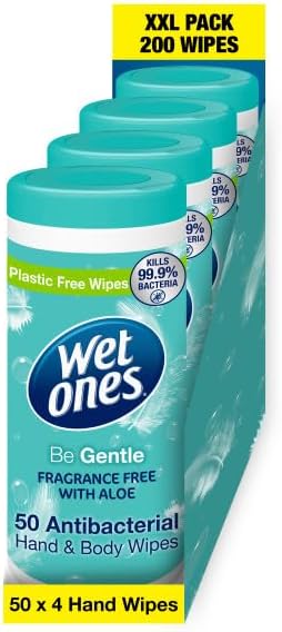 Wet Ones Be Gentle Canister, Plastic Free and Bio Degradable Antibacterial Hand Wipes, 200 wipes, 4 Canisters x 50 Wipes