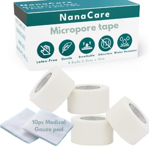 Microporous Medical Tape Waterproof, 4 Rolls 2.5cm x 10m + 10pc Gauze Pads - Hypoallergenic Surgical Tape for Wound Care, Dressings & Face, First Aid Waterproof Bandage for Sensitive Skin - NanaCare