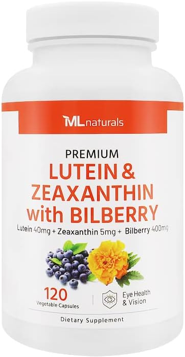 ML Naturals Premium Lutein & Zeaxanthin with Bilberry 120 Vegetable Capsules. Lutein 40 mg, Zeaxanthin 5 mg, and Bilberry 400 mg. Premium Quality. Healthy Eyes & Vision, NSF-Certified & cGMP-Compliant