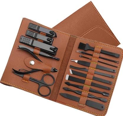 ProBytes 16 Piece Unisex Grooming Kit - His Her Manicure Set, Pedicure, Hand Foot Facial Nail Intimate Personal Care, Leather Case, Travel Essential, Rustproof Powder Coated Steel - Brown