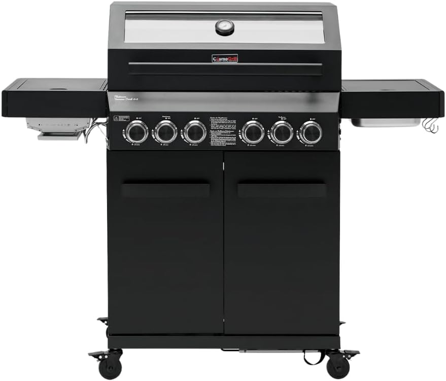 CosmoGrill 6 Burner Platinum Yamara Dark 4+2 Gas BBQ, Viewing Glass, 4 Main Burners, 1 Ceramic Sear Zone, 1 Back Grill, Cast Iron Grills & Bamboo Storage (Black with Cover)
