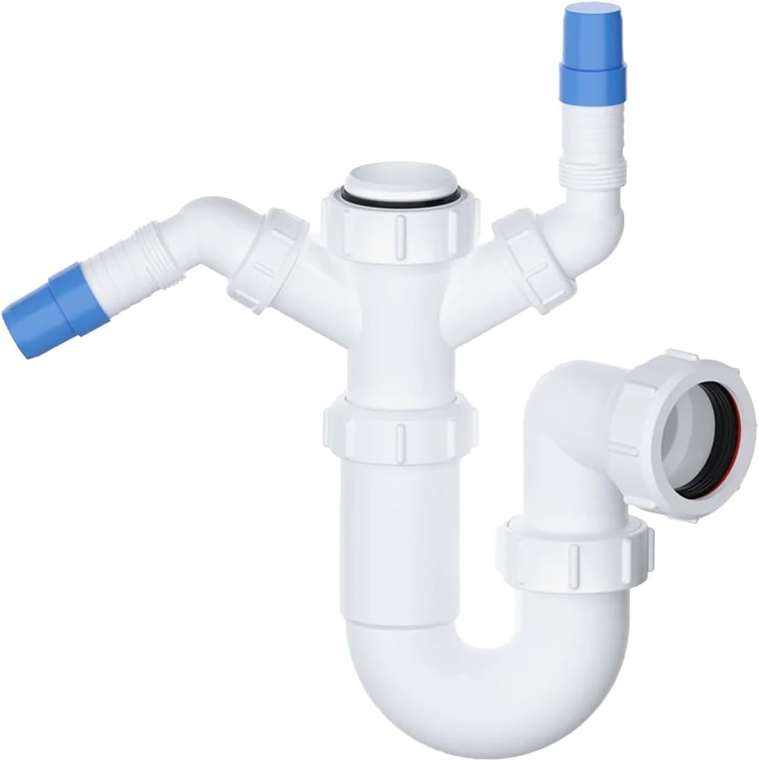 PlumbEZ Telescopic Adjustable Twin Nozzle Swivel P Trap - 40mm (1.1/2") Sink Waste Trap, Washing Machine Waste Pipe Extension, Sink Waste Kit, Sink Waste Solution
