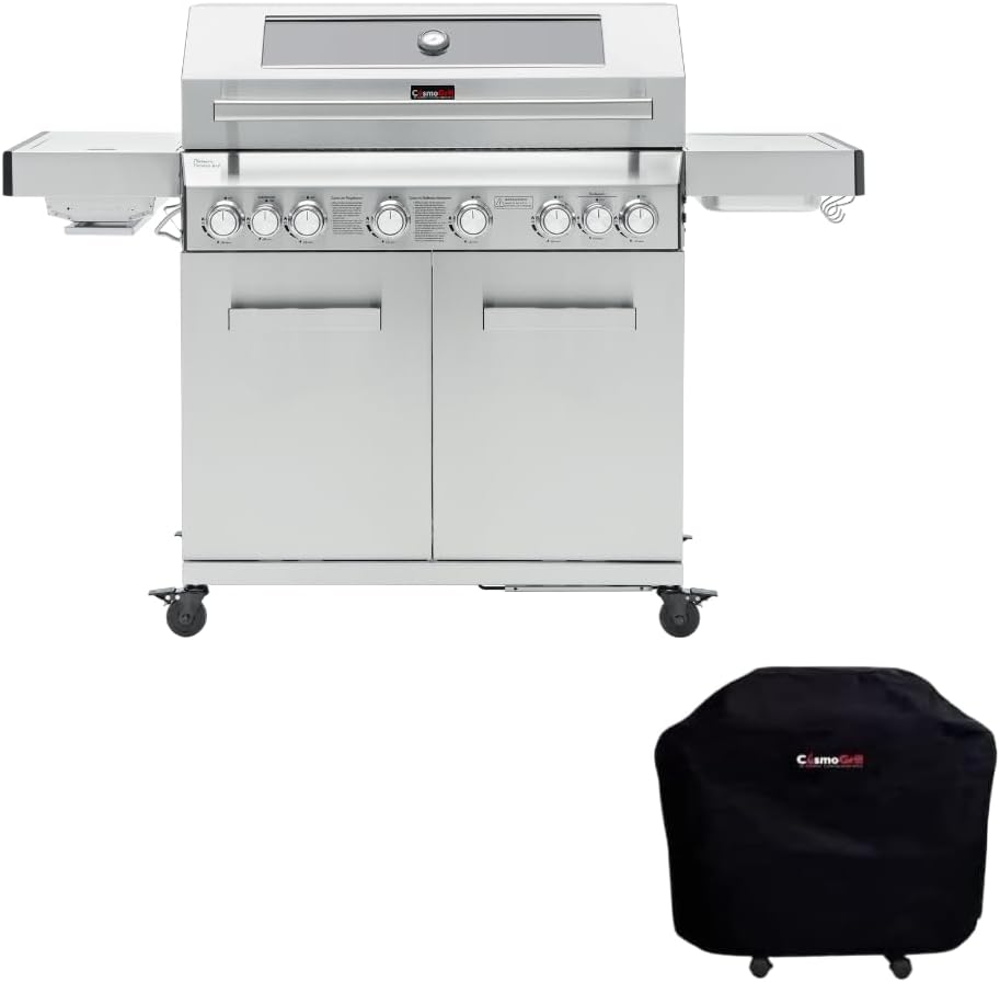 CosmoGrill 8 Burner Stainless Steel Yamara 6+2 Gas BBQ, Viewing Glass, 6 Main Burners, 1 Ceramic Sear Burner, 1 Back Burner, Cast Iron Grills & Bamboo Storage (Silver with Cover)