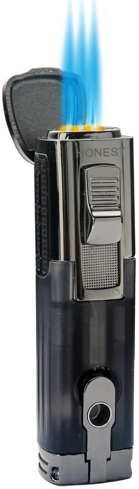 PROMISE Triple Jet Flame Lighter Refillable Butane Torch Windproof Lighter with Cigar punch - Butane Not Included (Black-E)