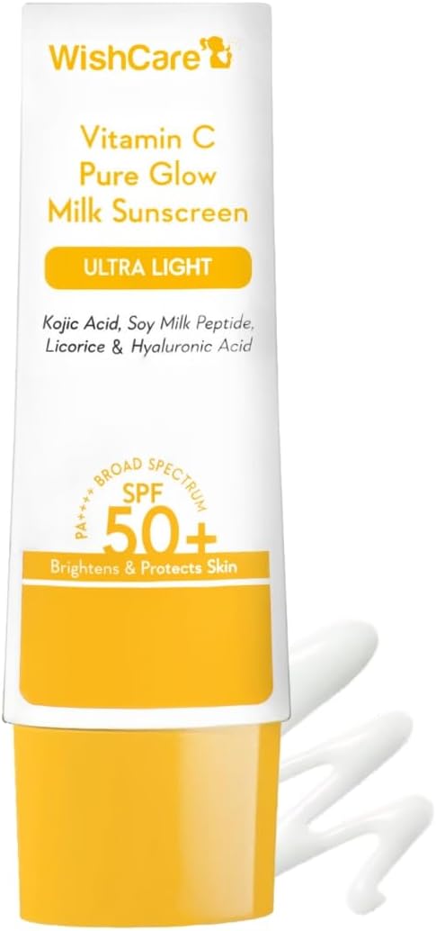 WishCare Vitamin C Pure Glow Milk Sunscreen SPF 50 PA++++ for Glowing Skin - Broad Spectrum Light Weight Sunscreen SPF 50 for Dry Skin & Oily Skin 50g
