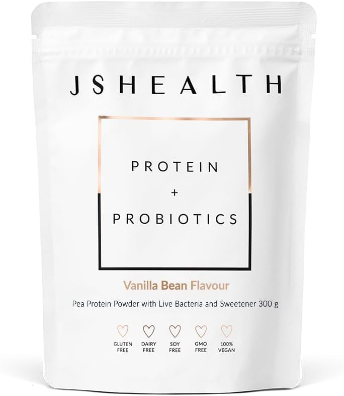 JSHealth Vegan Pea Protein Powder with Probiotics - Chocolate Brownie Flavor - Gluten Free, Non GMO, Plant Based Protein Drink Mix, 300g
