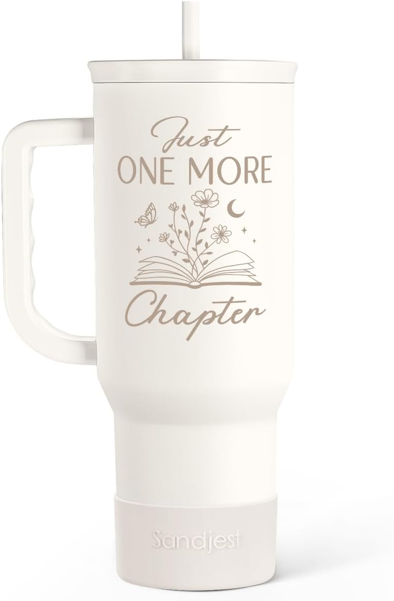 SANDJEST Book Lover Gifts for Women, Just One More Chapter Tumbler with Handle, Stainless Steel Insulated Coffee Travel Mug Cup, Gifts for Women Girls Bookworm on Christmas Birthday, 40oz
