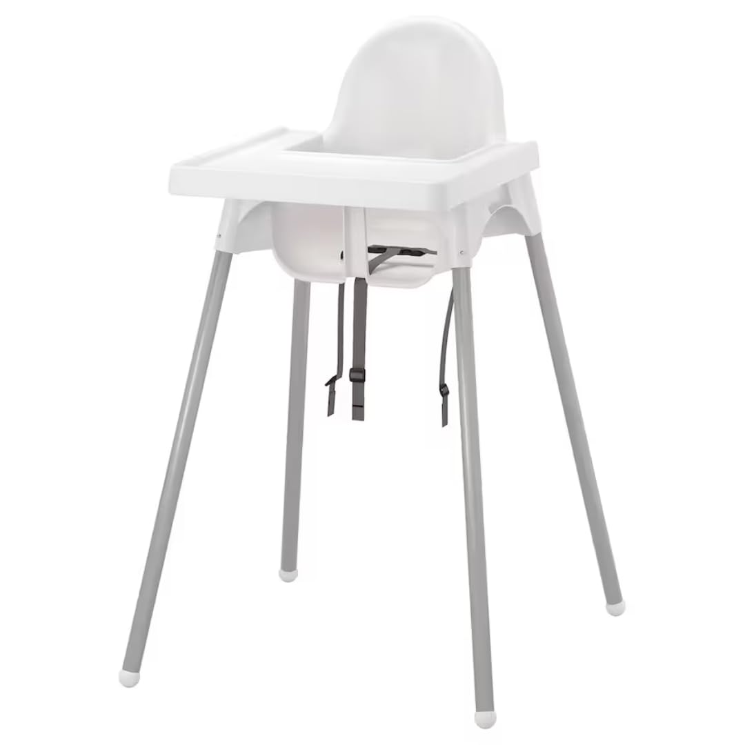 Baby High Chair with Removable Tray, Safety Straps, White and Gray