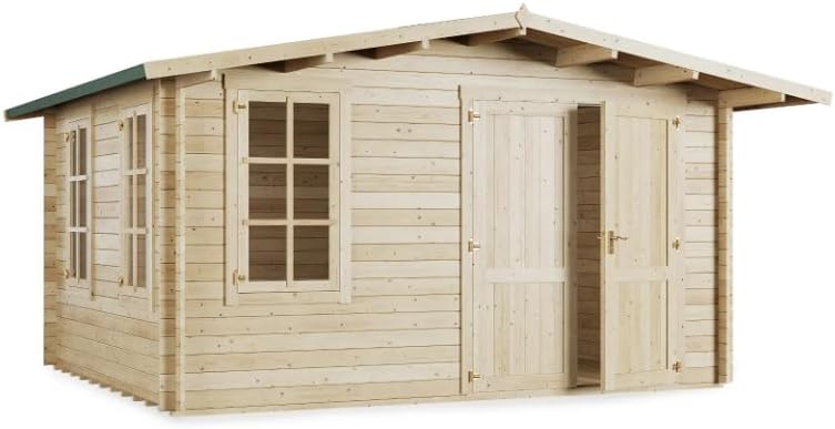 BillyOh 4x4m Alpine Workshop Log Cabin Summer House Shed – Wooden Garden Room with Apex Roof, Double Doors, Floor, Roof & Felt | Outdoor Office, Tiny Home & Lounge, 28mm Log Thickness Garden House