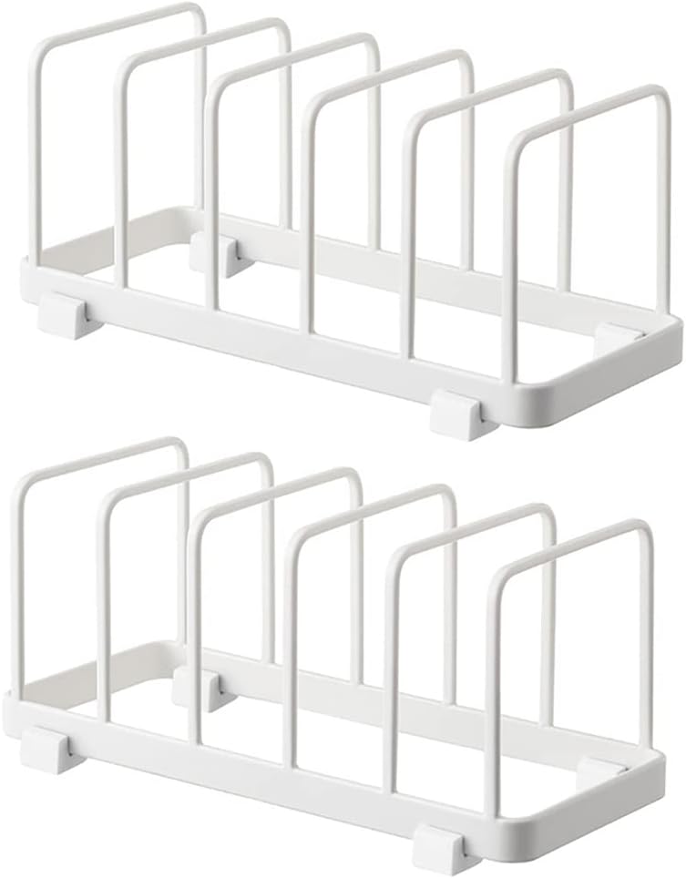 YunNasi Plate Storage Rack, Vertical Plate Rack Drainer, Cutting Boards, Bakeware, Serving Trays Holder, Lid Organizer, Cabinet Dish Holder (White, 2 Packs)