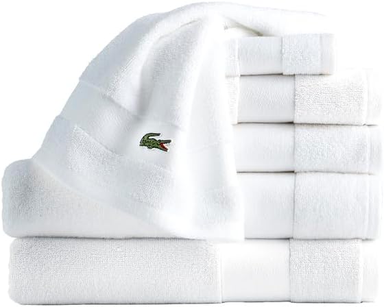Lacoste Sport Stripe Cotton 6-Piece Luxury Towel Set, 2 Bath Towels, 2 Hand Towels, 2 Washcloths, White