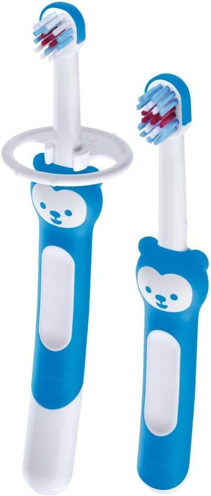 MAM Baby's Brush | 2 Pack | Toothbrush with Safety Shield | 6+ Months | For Teaching Dental Hygiene to Babies | Extra Soft Bristles | Ergonomic and Non-Slip | Blue