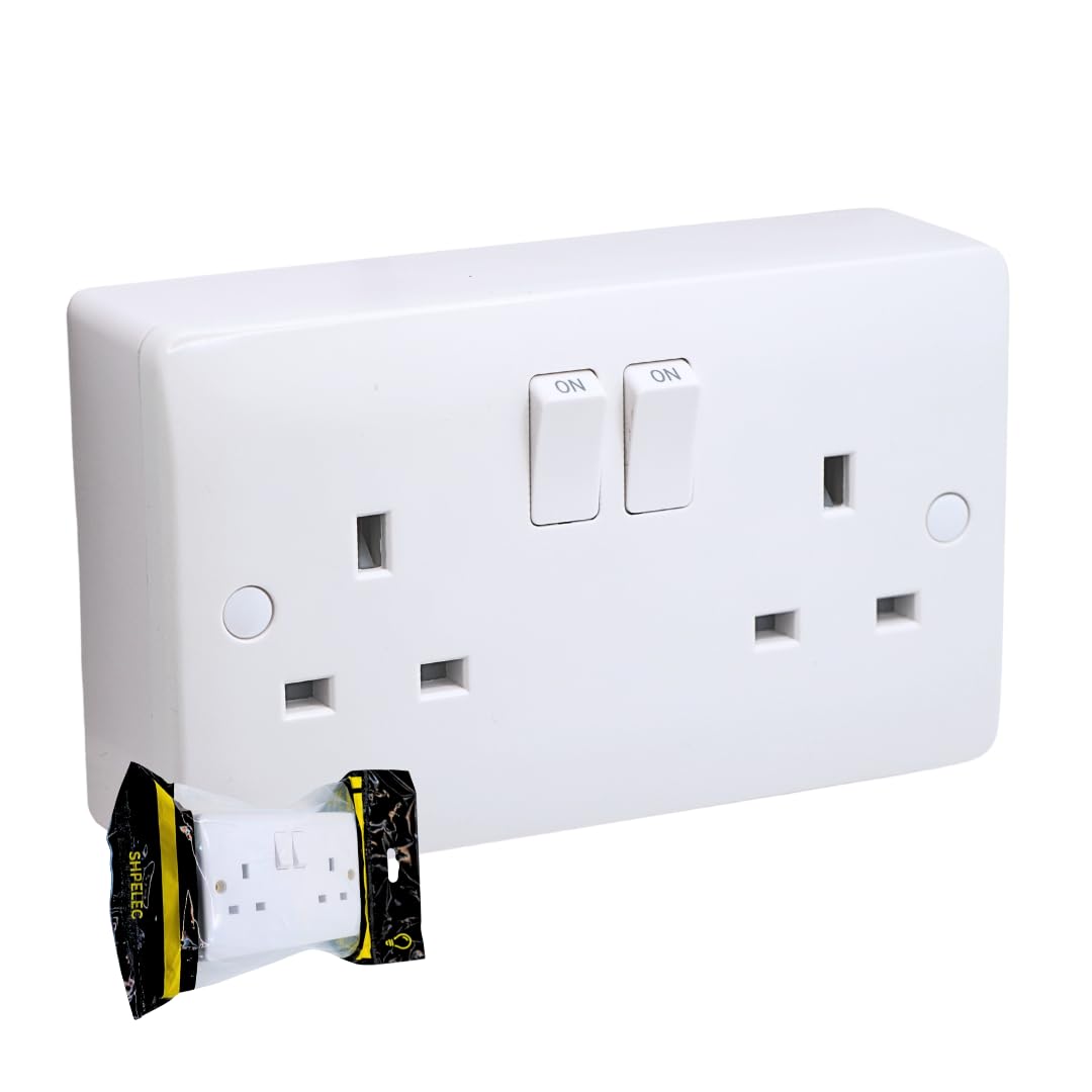 SH|P® CONVEX Range White 13A 2 Gang Switched Socket with 25mm Surface Pattress Box – Slimline Curved Design – Wall Mounted Outlet + Pattress (1 Pack) (2 Gang Socket + Back Box)