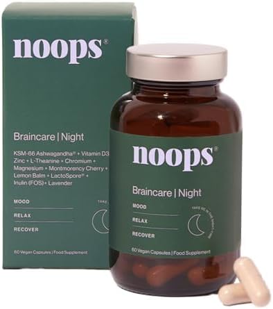Noops Nootropics BrainCare Night for Mood & Relaxation - L-Theanine, Ashwagandha KSM-66, Vitamin D, Zinc, Montmorency Cherry, Magnesium Glycinate, Lemon Balm & Lavender Supplement, 60 Capsules