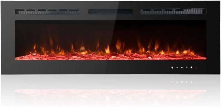 M.C.Haus Ultra-Thin Electric Fireplace Low Noise, 12 Variable & Breath Colors Flame, Recessed Wall Mounted Free Standing, Touch Screen & Remote Control, Crystal & Log Set(127cm/50inch)
