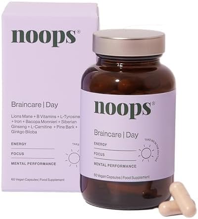 Noops Nootropics BrainCare Day Focus & Energy - Lion's Mane, Ginkgo Biloba, L-Tyrosine, L-Carnitine, Pine Bark, Bacopa, B Vitamins, & Ginseng Supplement, Nootropic Memory Enhancer, 60 Capsules