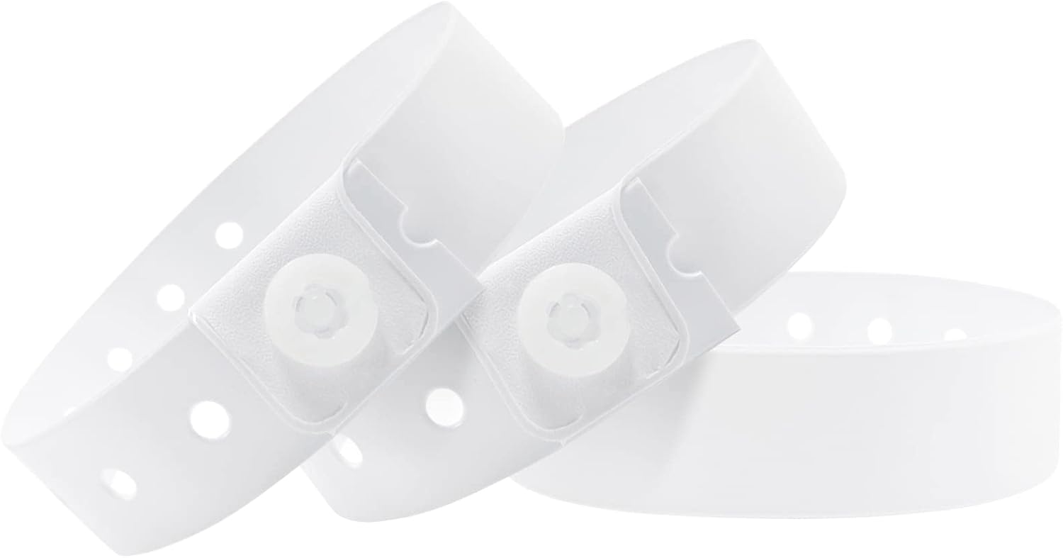 Plastic Party White Wristbands-100 Pack Colored Vinyl Wristbands for Events-Waterproof Lightweight Security Wrist Bands for Bar Club Festival Music Meeting