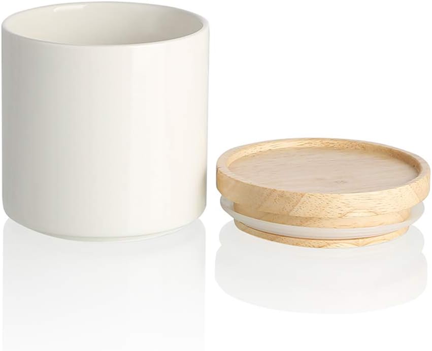 Sweejar Ceramic White Food Storage Container | Serving Ground Coffee, Tea, Sugar, Salt and More | 16 Fl Oz | Stackable, Airtight Seal, Wooden Lid
