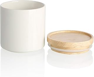 Sweejar Ceramic White Food Storage Container | Serving Ground Coffee, Tea, Sugar, Salt and More | 16 Fl Oz | Stackable, Airtight Seal, Wooden Lid