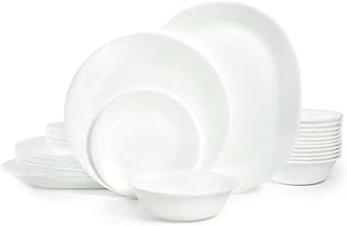 Corelle Vitrelle 38-Piece Service for 12 Dinnerware Set, Triple Layer Glass and Chip Resistant, Lightweight Round Plates and Bowls Set, Winter Frost White