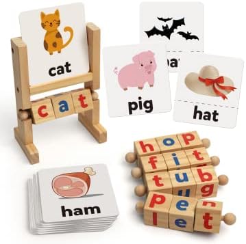 Coogam Wooden Reading Blocks Short Vowel Rods Spelling Games, Flash Cards Turning Rotating Letter Puzzle for kids, Sight Words Spinning Alphabet Learning Toy for Preschool Boys Girls