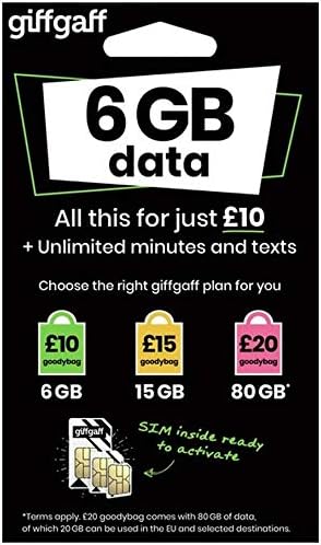 Giffgaff 4G Multi Sim card (With £5 Preloaded Credit) + FREE Adapter - Unlimited Calls, Texts and Data -> Fits all Device