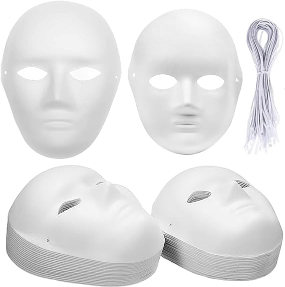 WUWEOT 40 Pack DIY Full Face Masks, 2 Sizes Paintable White Plain Masks, Paper Mache Masks for Cosplay Halloween Mardi Gras Masquerade Dance Party, Blank Costume Masks