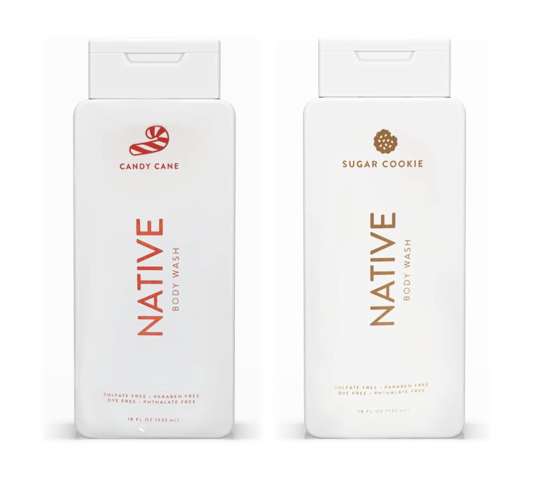 Native Special Edition Winter Body Wash |for Women & Men | Sulfate Free, Paraben Free, Dye Free, with Naturally Derived Clean Ingredients, 18 oz each (2 Pack) (Candy Cane & Sugar Cookie)