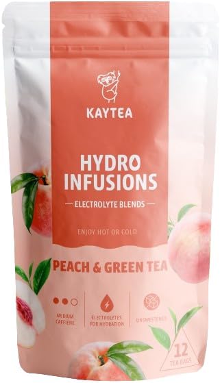 KAYTEA Peach & Green Tea Hydro Infusion - Moderate Caffeine, Zero Sugar & Calorie with Hydrating Electrolytes - Unsweetened Fruit Tea Selection, Pack of 12 Peach Bags