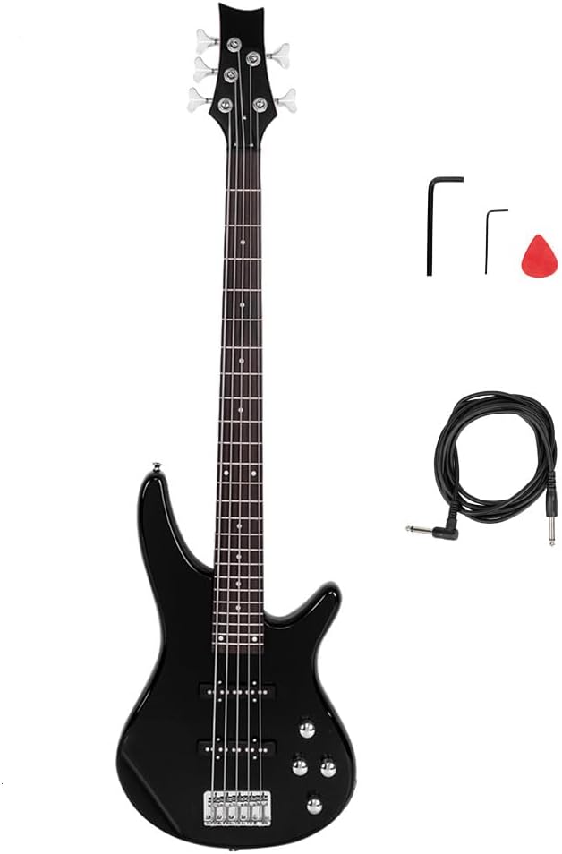 Ktaxon 5 String Electric Bass Guitar, Full Size Standard Right Handed Rosewood Fretboard Bass Kit with Gig Bag Strap Cable Wrench Tool (Black)
