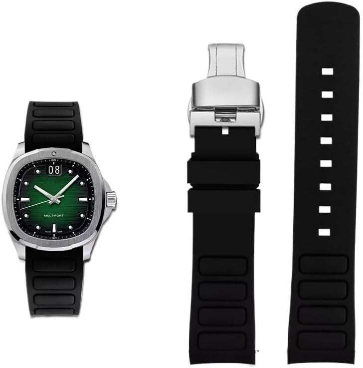 yaponuk Curved Men Rubber Watch Strap For Mido Multifort TV M049.526 Sport WatchBand Quick release Green blue Silicone band(Black silver Folding)