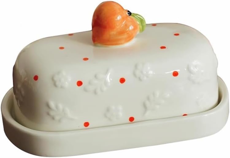 Butter Dish with Lid, Peach Shaped Relief Floral Cheese Dish Butter Box Off White