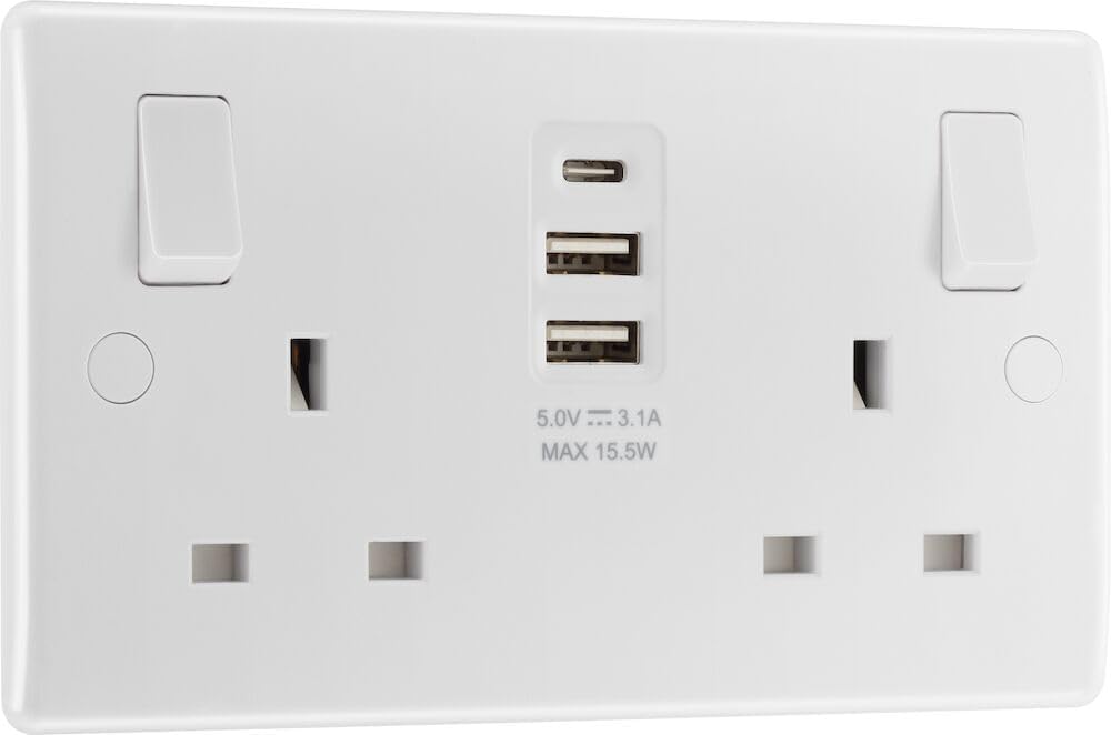 BG Electrical Double Switched Power Wall Plug Socket with Two Type A and Single Type C USB Charging Ports, Round Edge, Nexus 800 Series, White Moulded, 13A, 15W, 822UAAC15